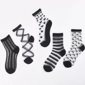 5-Pack Candy Dot & Red Lips Fashion Ankle Socks – Sweet Summer Sheer - Black patterns 2 sheer socks 5 pairs