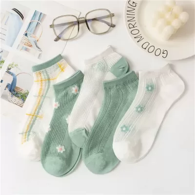 5-Pack Candy Dot & Red Lips Fashion Ankle Socks – Sweet Summer Sheer - Green white floral 5 pairs