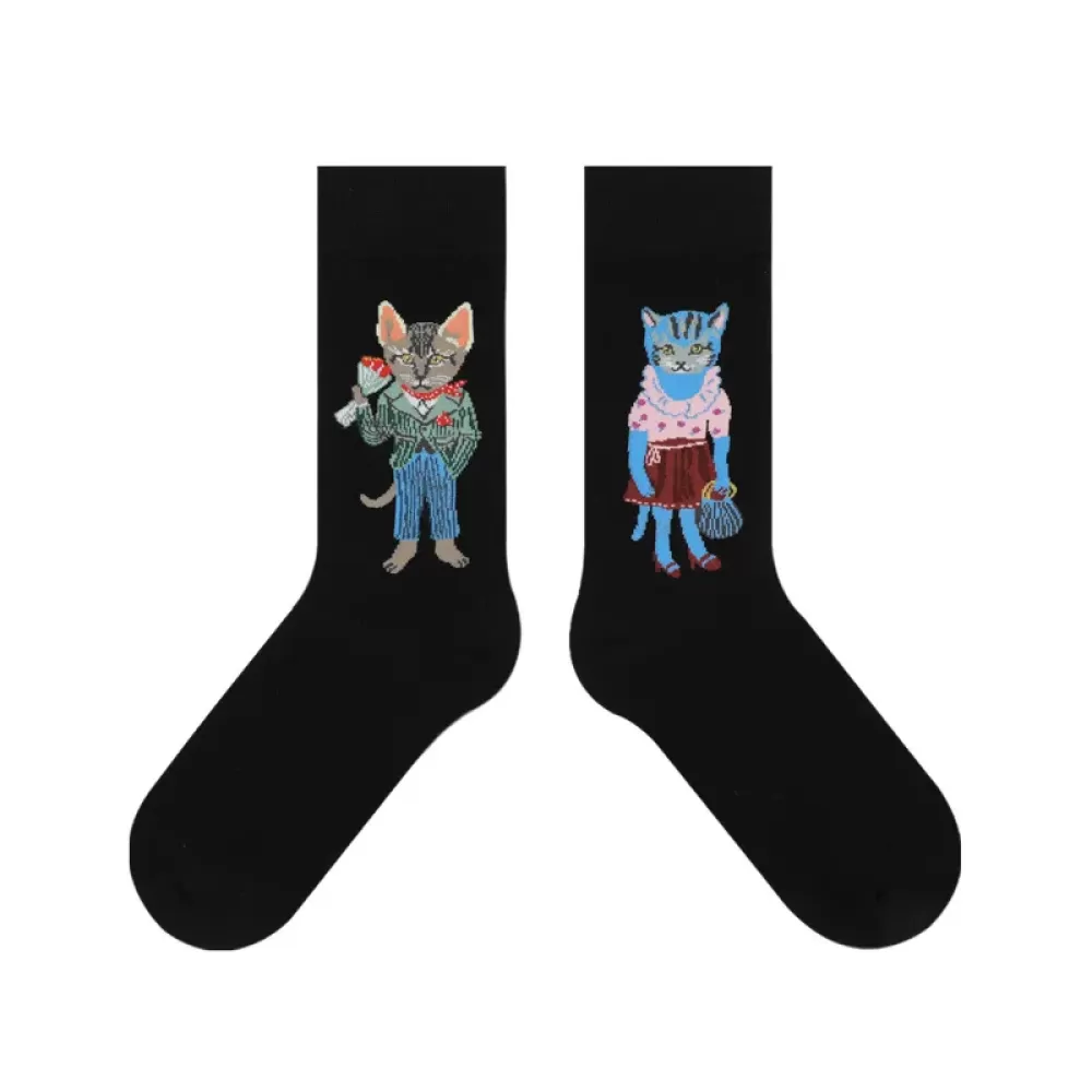 Autumn Animal Cartoon Socks – Cozy Combed Cotton with Cute Rabbit & Cat - Cat cool design 1