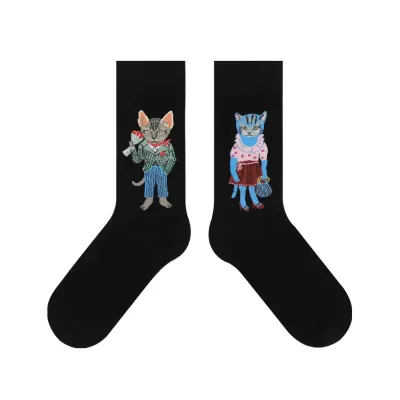 Autumn Animal Cartoon Socks – Cozy Combed Cotton with Cute Rabbit & Cat - Cat cool design 1
