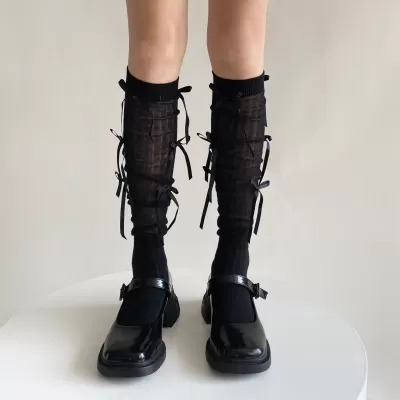 Ballet Whimsy: Lolita Girls’ Kawaii Knee-High Bandage Bowknot Socks - Black design