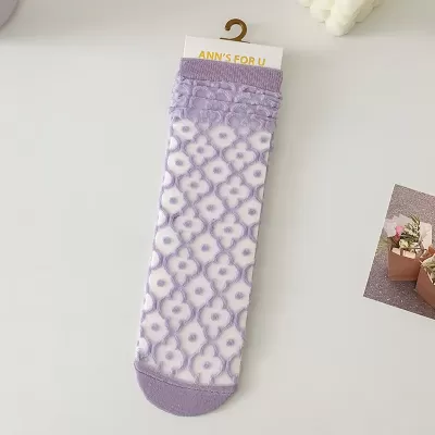 Charming Crystal Silk Flower Socks – Ultra-Thin & Transparent for Summer - Purple