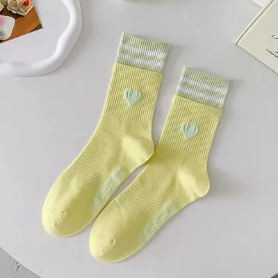 Chic Striped Love Heart Long Socks – Winter Cycling Cotton Warmers in Korean Kawaii Style - Yellow