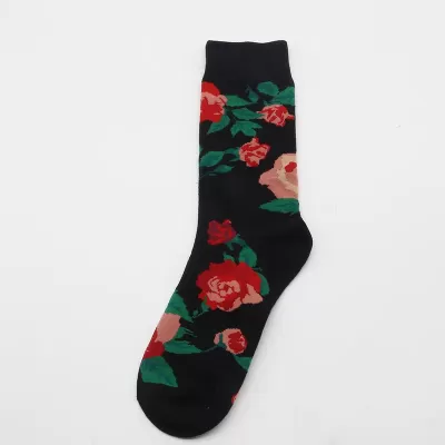 Desert Bloom: Whimsical Cactus Cartoon Socks - Black red flowers design