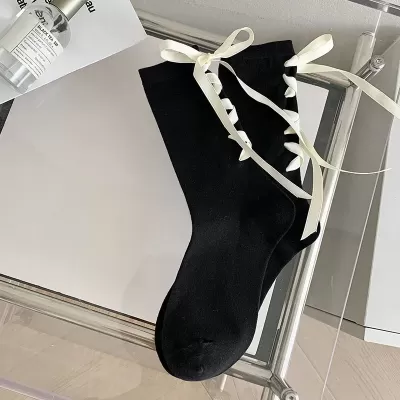 Elegant Black & White Ribbon Bow Socks – Japanese JK Style - Black