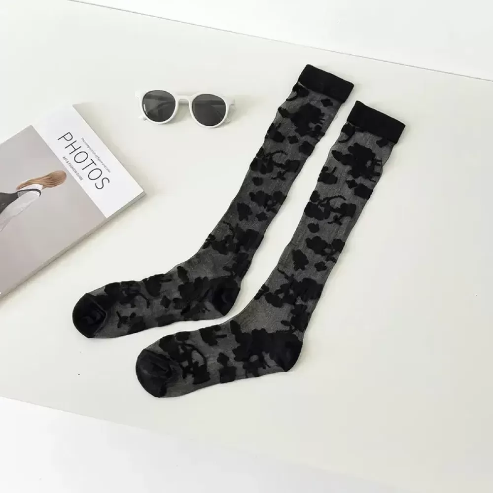Elegant Japanese Flower Knee Socks – Ultra-Thin Crystal Silk Stockings for Summer - Black