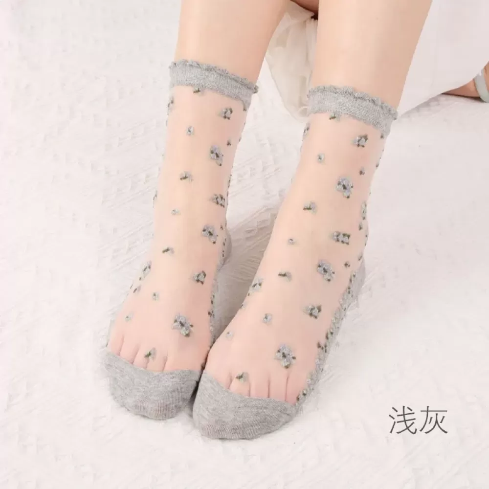 Elegant Ultra-Thin Transparent Lace Silk Socks – Summer Breathability with Crystal Rose Flower Design - Gray