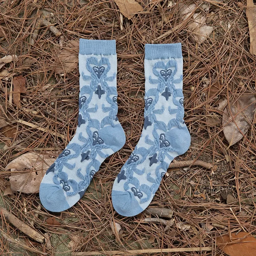 Elegant Vintage Blue Ethnic Embroidered Socks – Japanese Harajuku Style - Kawaii design 2