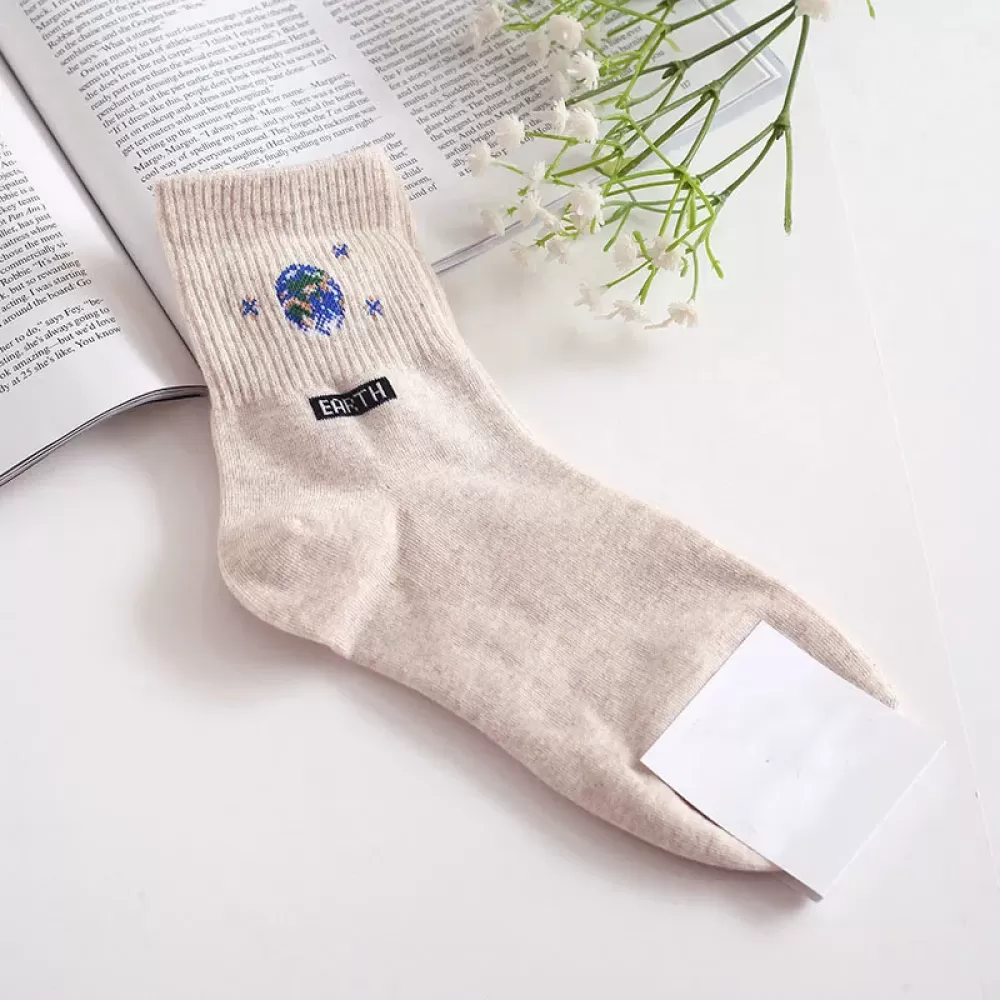 Harajuku-Inspired Astronaut Celestial Cotton Socks - Beige