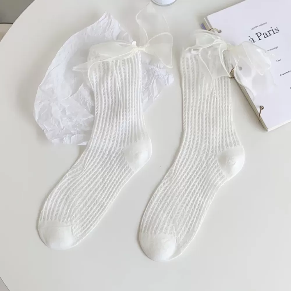 Lolita Hollow Thin Socks – Japanese JK Style with Heel Bow Accent - White design 3