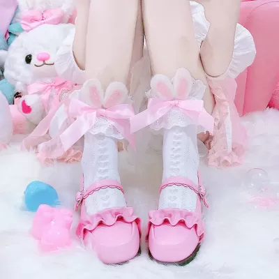 Lolita Rabbit Ears Bow Calf Socks – Cute Autumn & Winter Fashion - White design 4