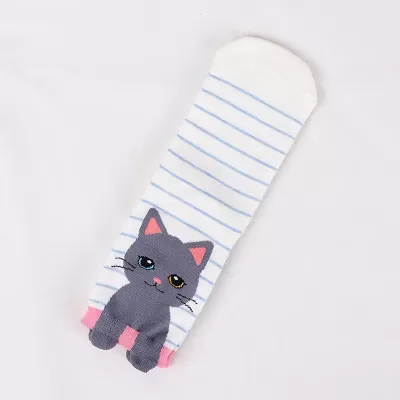 Purr-fect Style: Korean Cartoon Cat Socks - White blue lines