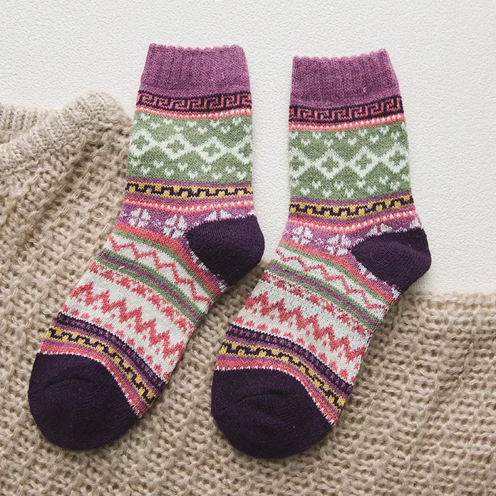 Retro Knitted Pattern Wool Socks – Cozy & Fashionable for Autumn/Winter - Purple