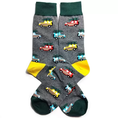 Road Thrills: Vehicle-Inspired Cotton Crew Socks - Gray multicolored cars design