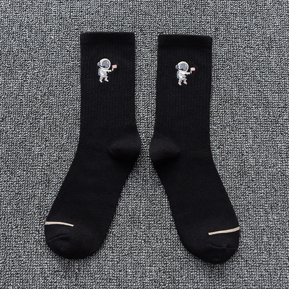 Stellar Embroidered Astronaut Socks – Unisex Cotton Comfort for Couples - Black