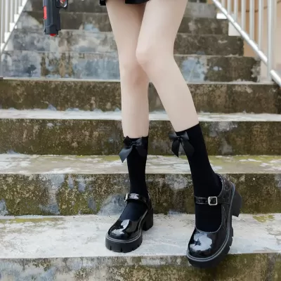 Summer Whimsy: Lolita Fashion Butterfly Silk Calf Socks for Women - Black design 4