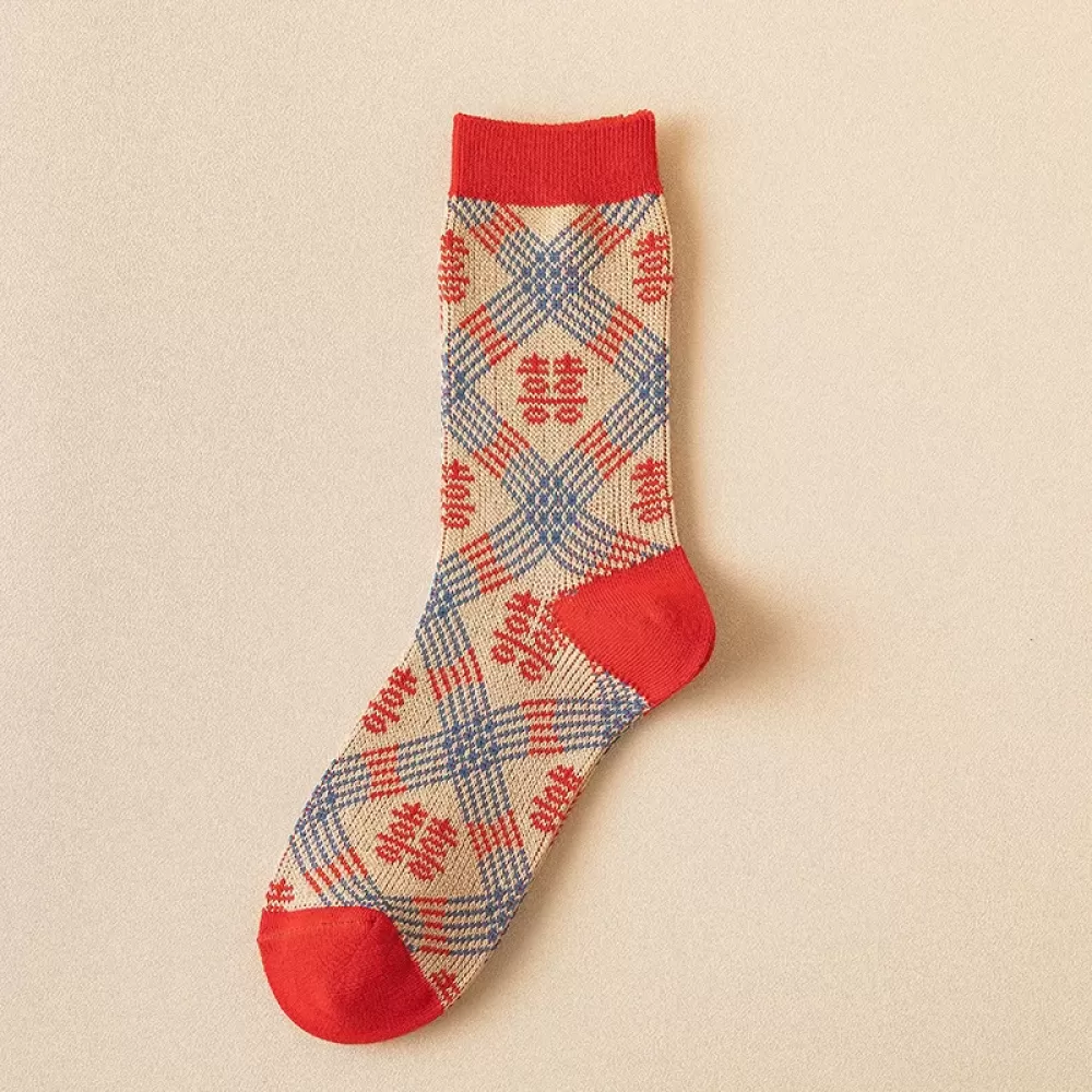 Trendy Year Red Tube Socks – Warm Autumn Winter Retro Long Socks for Women - Design 11