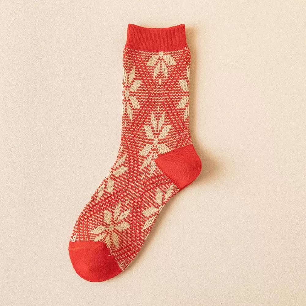 Trendy Year Red Tube Socks – Warm Autumn Winter Retro Long Socks for Women - Design 4