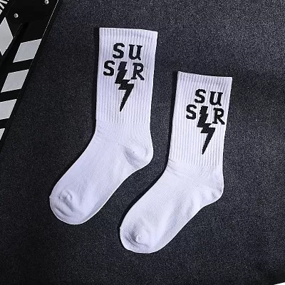 Urban Edge: Black & White Lettered Leaf Skateboard Socks - Hip hop design 12