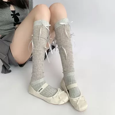 Ballet Whimsy: Lolita Girls’ Kawaii Knee-High Bandage Bowknot Socks - Gray design 1