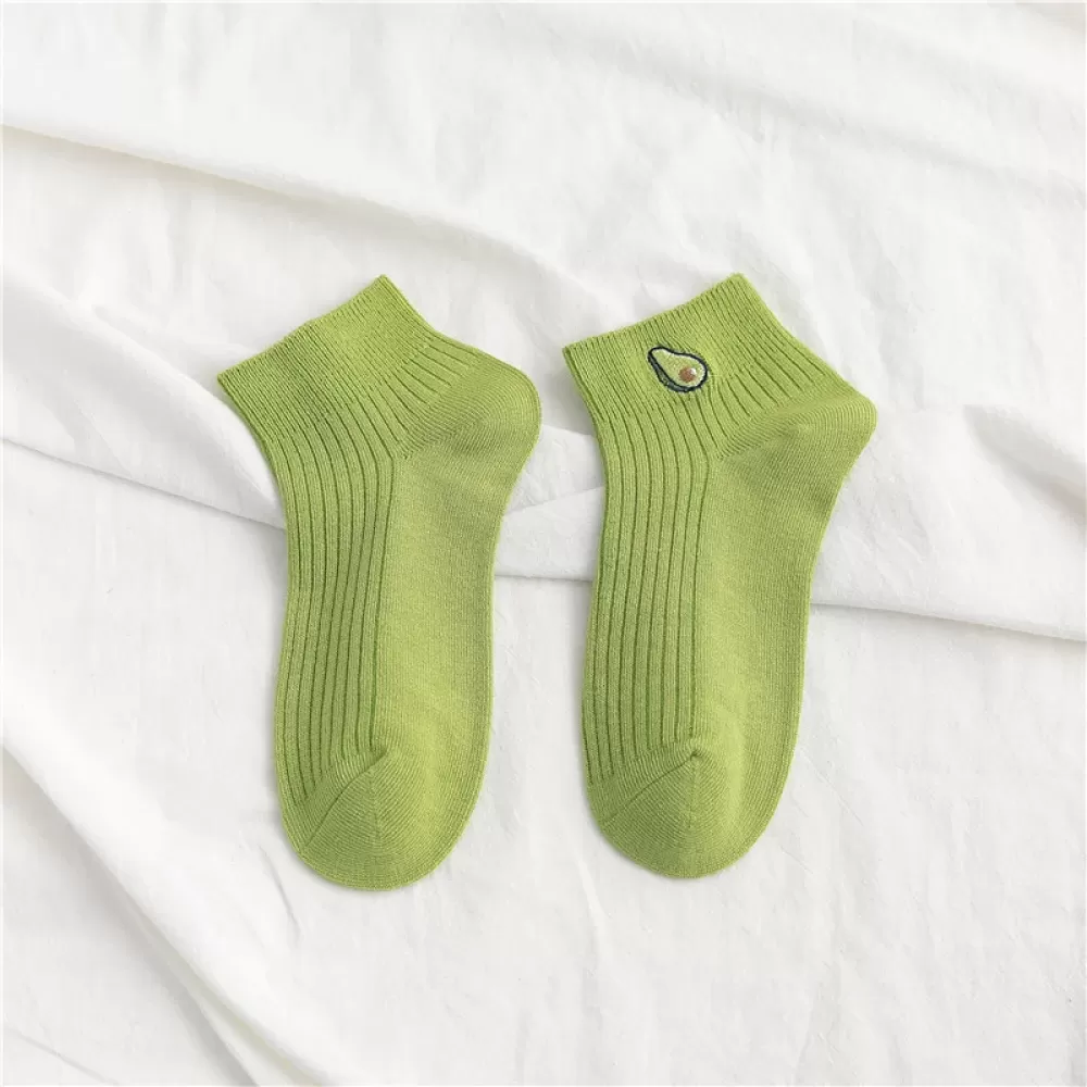 Chic Avocado Embroidery: Casual Short Socks - Dark Green