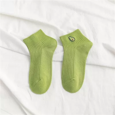 Chic Avocado Embroidery: Casual Short Socks - Dark Green