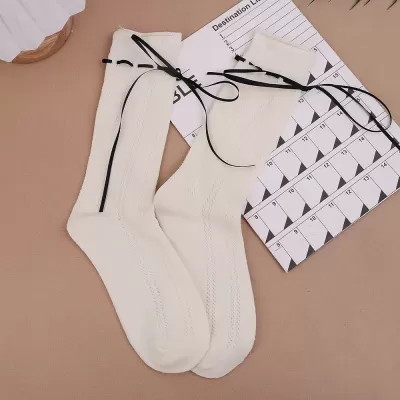 Chic Japanese JK Lolita Bowknot Socks – Sweet, Breathable Mesh Desig - Beige