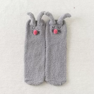Cozy 3D Rabbit Ears Fuzzy Slipper Socks – Winter Warmth & Comfort - Gray