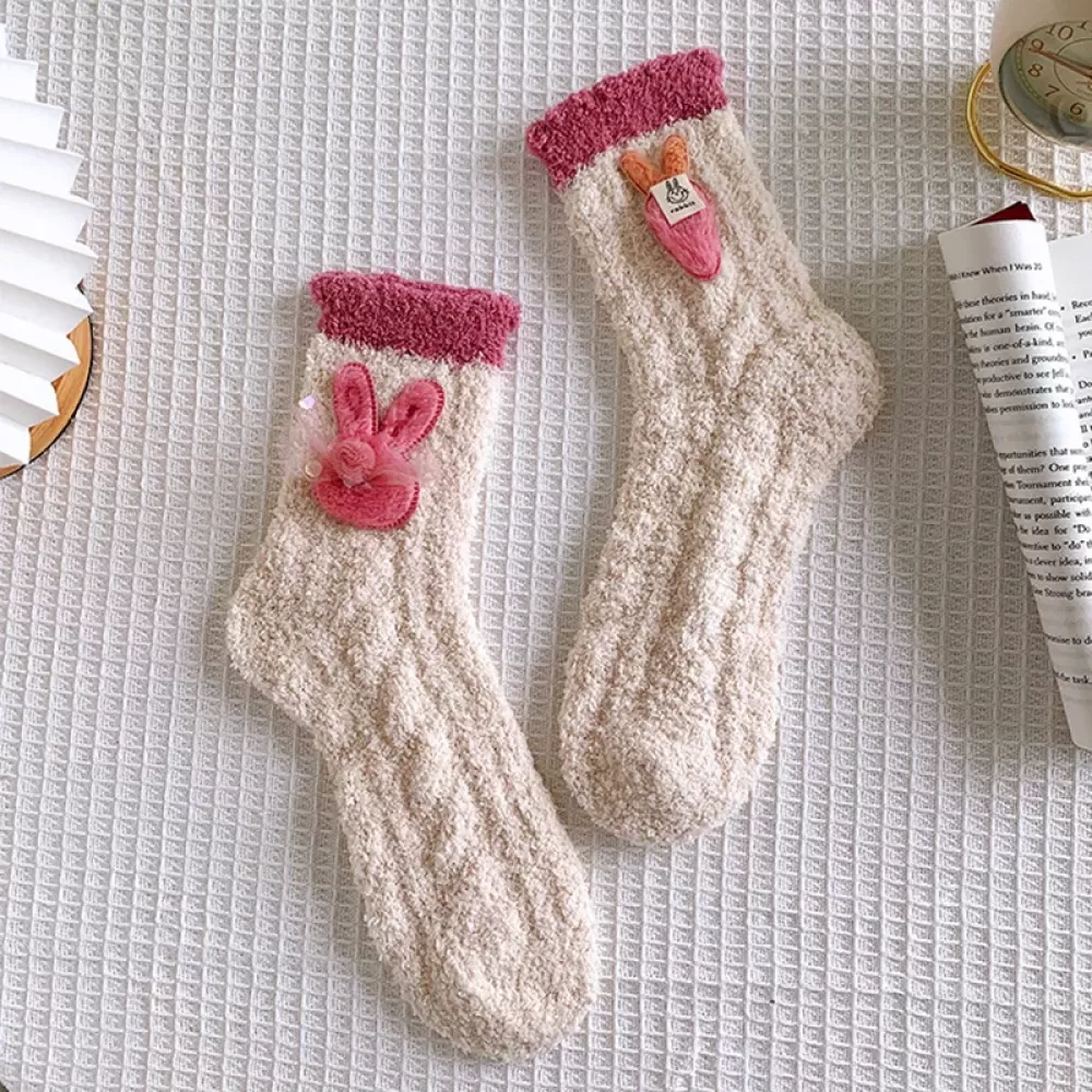 Cozy Cuteness: Women’s Japanese Coral Velvet Rabbit & Carrot Sleeping Socks - Beige