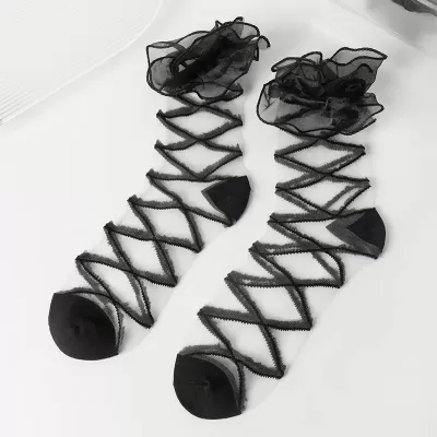 Elegant Organza Cross Lace Bow Socks – Japanese Lolita Style - Black stripped design 3