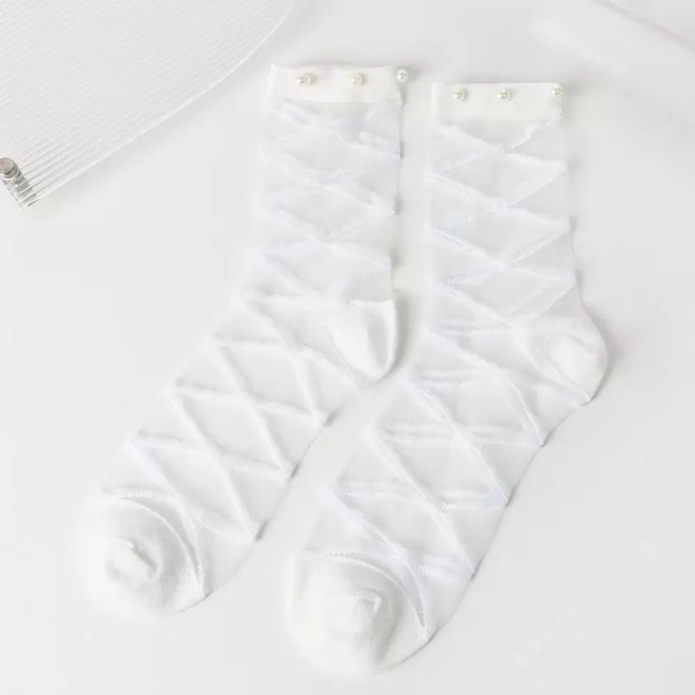 Elegant Organza Cross Lace Bow Socks – Japanese Lolita Style - White stripped design 1