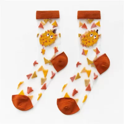 Harajuku Crystal Silk Socks – Sunflower & Fruit Cartoon Design - Orange