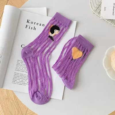 Japanese Harajuku Socks – Spring/Summer Chic Cartoon Character Embroidery Silk Socks - Purple