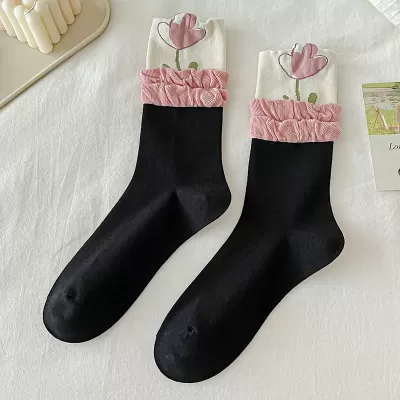 Korean Fashion Floral Print Ruffle Socks – Harajuku Vintage Lacework for Sweet Kawaii Style - Black
