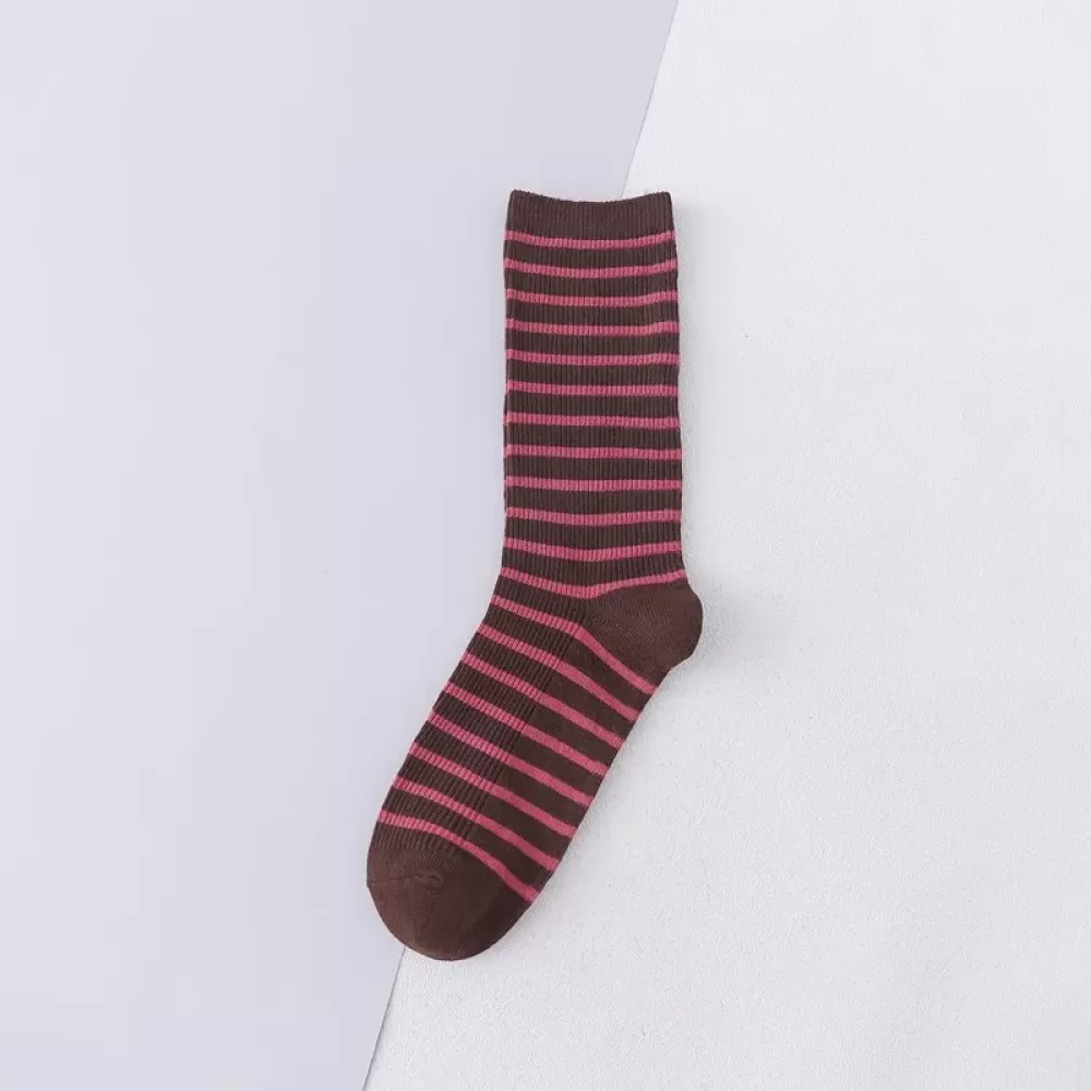 Korean Style Striped Middle Tube Socks – Casual Cotton Comfort for Women - Brown