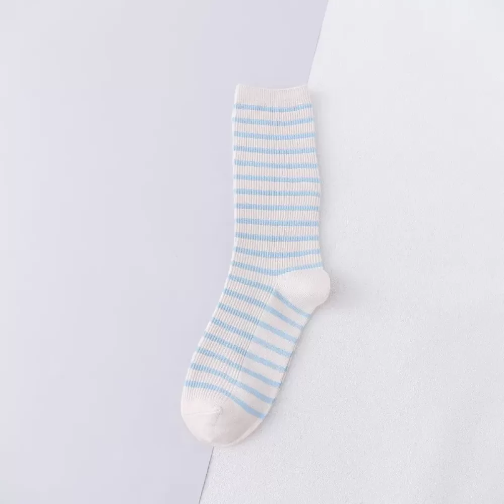 Korean Style Striped Middle Tube Socks – Casual Cotton Comfort for Women - Light Blue