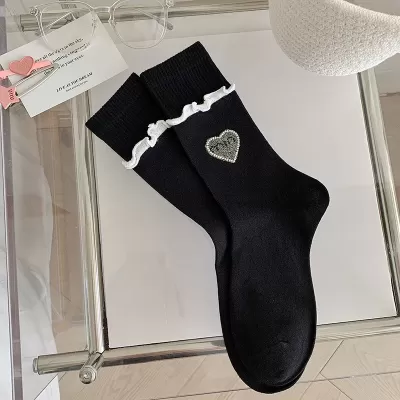Luxury Rhinestone Heart Cotton Tube Socks – Designer European Style - Black