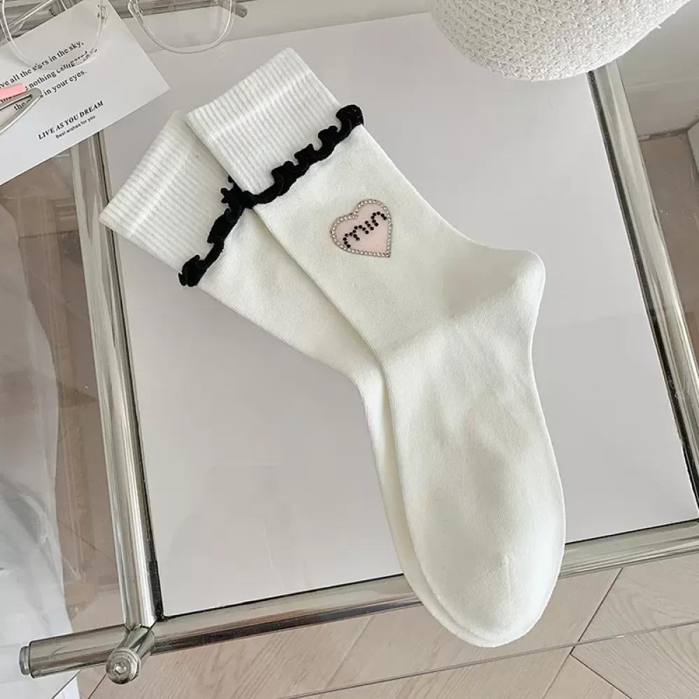 Luxury Rhinestone Heart Cotton Tube Socks – Designer European Style - White