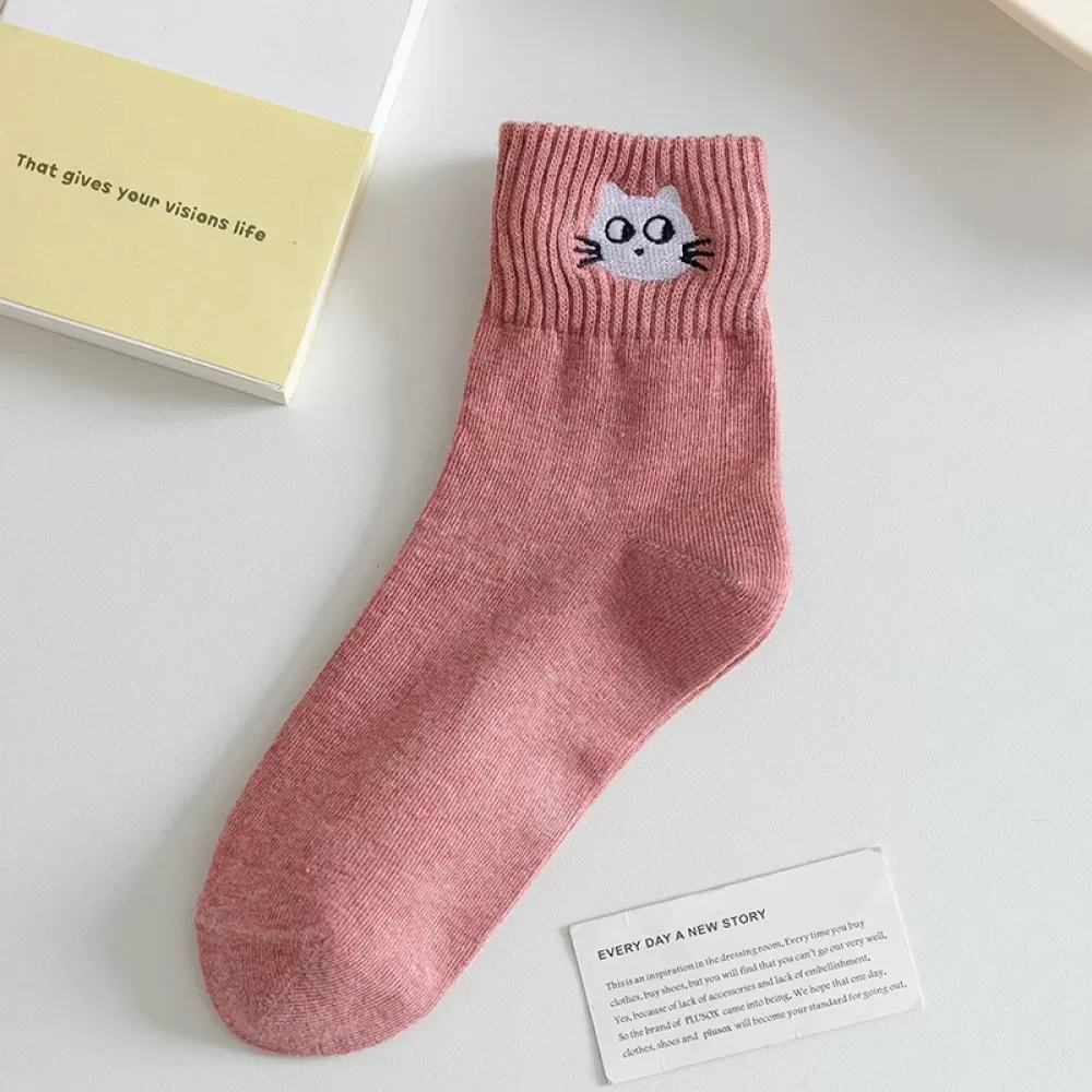 Pink Purr: Cat Embroidery Socks