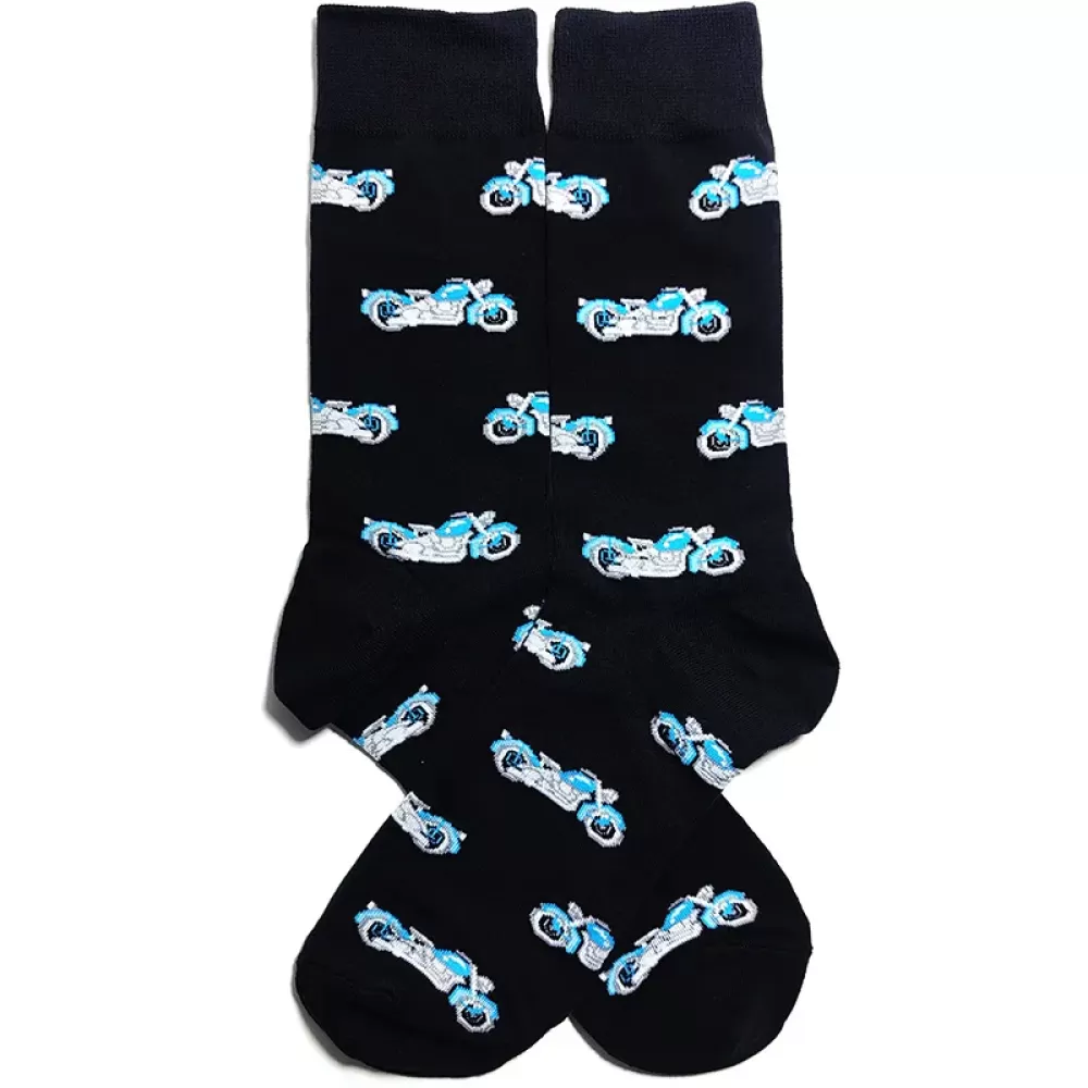 Road Thrills: Vehicle-Inspired Cotton Crew Socks - Black white blue motorcycle