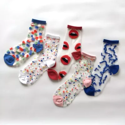 5-Pack Candy Dot & Red Lips Fashion Ankle Socks – Sweet Summer Sheer - Multicolored sheer dots design 5 pairs