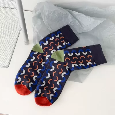 Autumn Winter Men’s Checkered Jacquard Socks – Color Matching Middle Tube Trend - Dark Blue