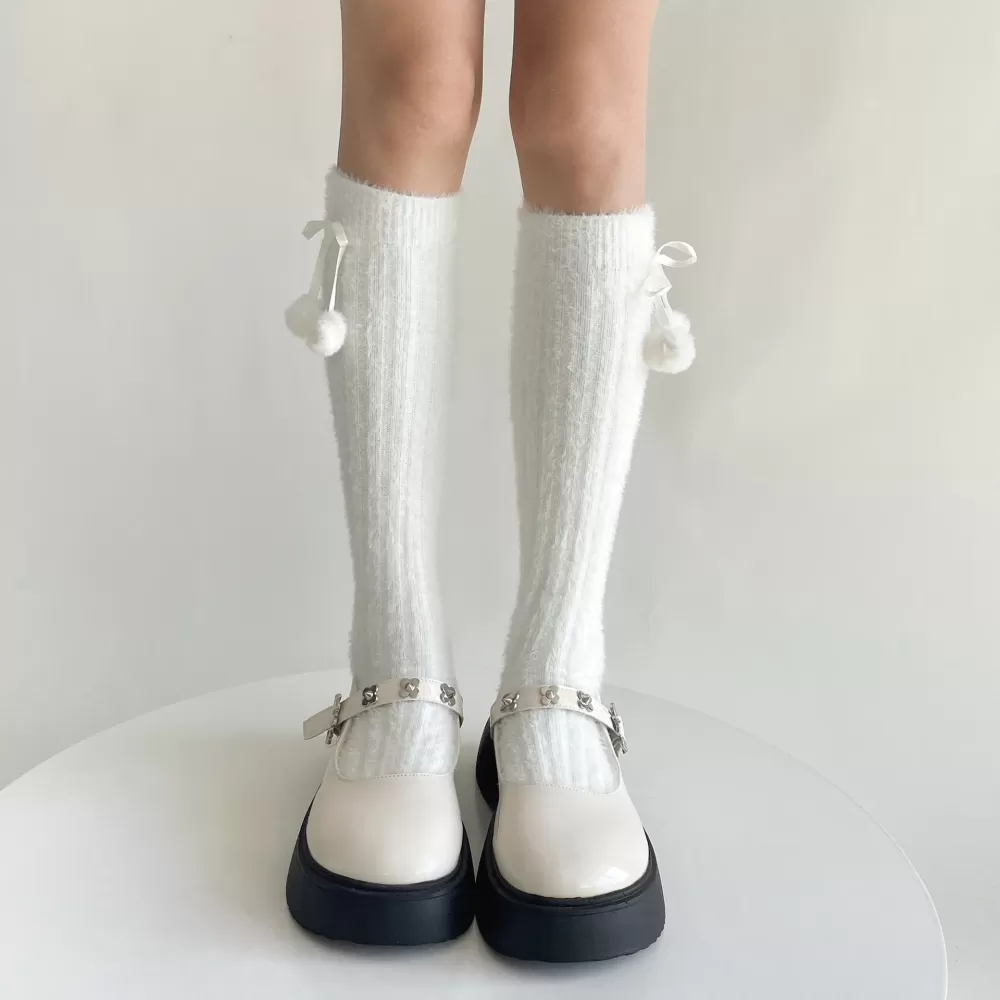 Cozy Charm: Women’s Thick Warm Knee Socks with Plush Ball Accents - White