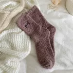 Cozy Winter Charm: Women’s Fuzzy Embroidery Socks – Warm and Kawaii - Brown