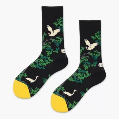 Desert Bloom: Whimsical Cactus Cartoon Socks - Black tree bird design