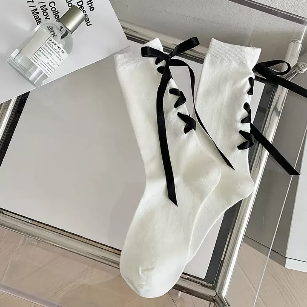 Elegant Black & White Ribbon Bow Socks – Japanese JK Style - White 2