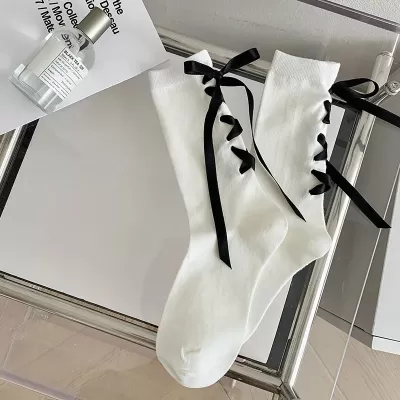 Elegant Black & White Ribbon Bow Socks – Japanese JK Style - White 2