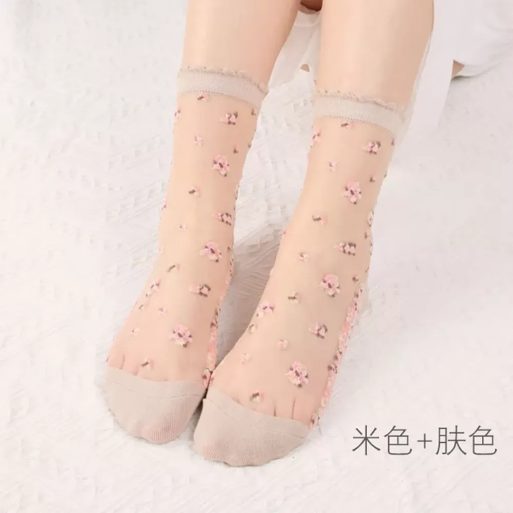 Elegant Ultra-Thin Transparent Lace Silk Socks – Summer Breathability with Crystal Rose Flower Design - Light Gray