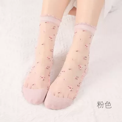 Elegant Ultra-Thin Transparent Lace Silk Socks – Summer Breathability with Crystal Rose Flower Design - Pink