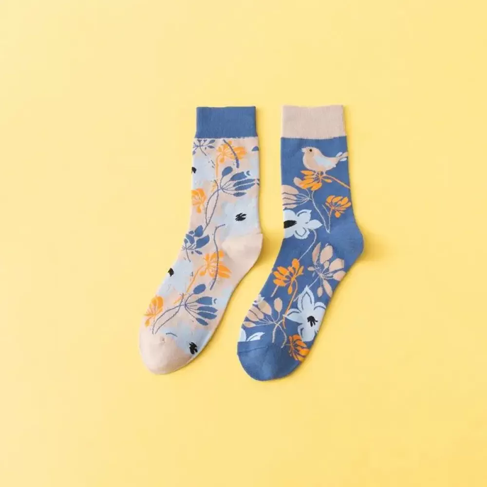 Feet Flower & Bird Pattern Mid-Tube Socks – Trendy Unisex Design - Art colorful design 7